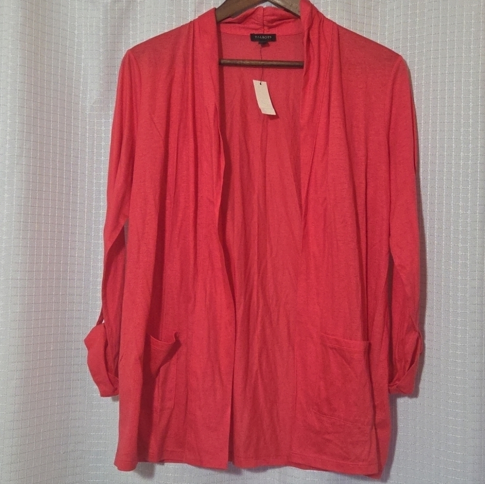 NWT Talbots Cardigan Womens M Coral Knit Open Front Solid Minimalist
